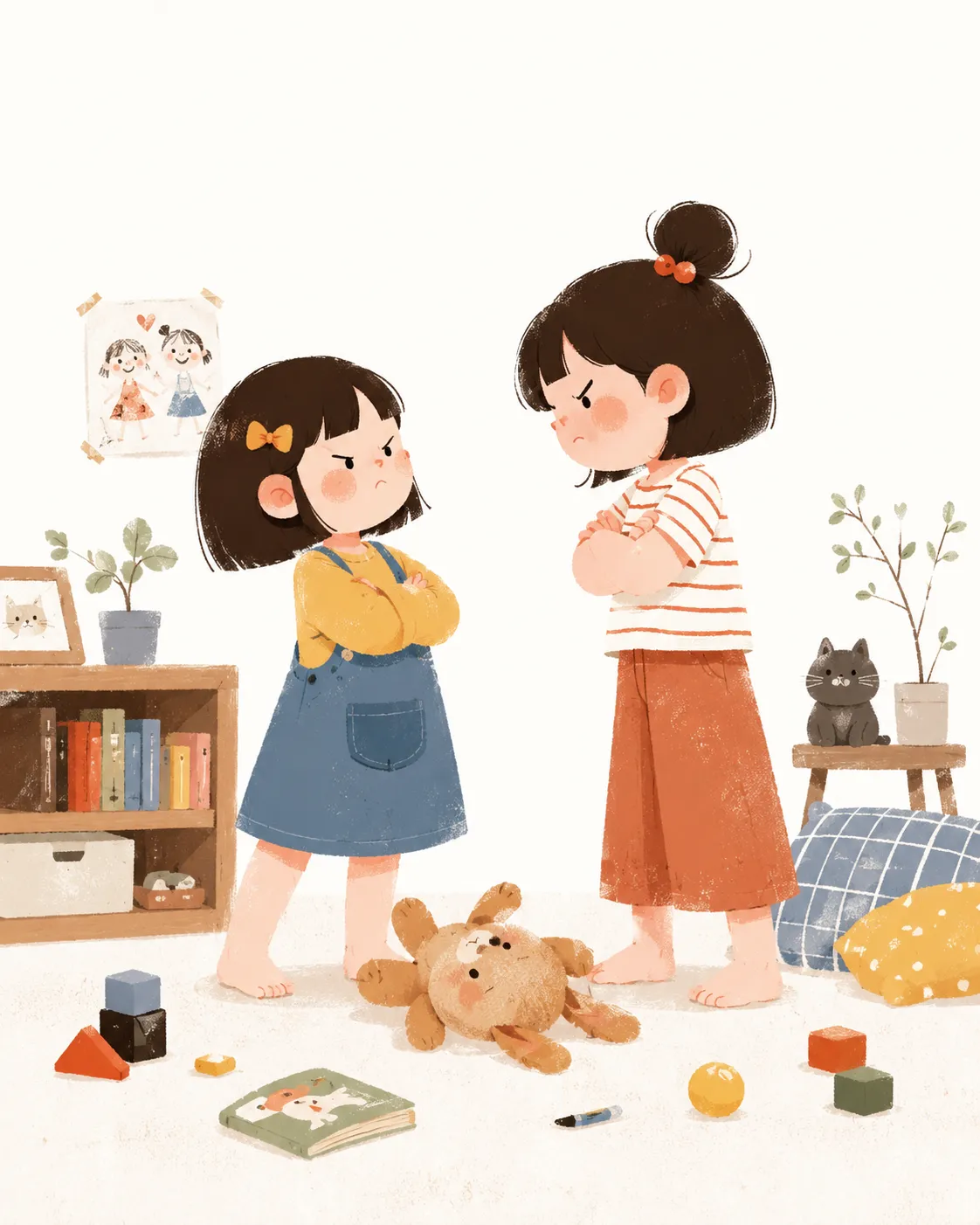 Two siblings, arms crossed, mid-argument in their bedroom